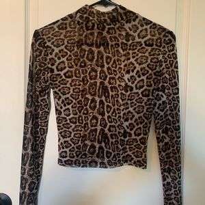 BellLovin Mesh Leopard Print Long Sleeve Mock Neck